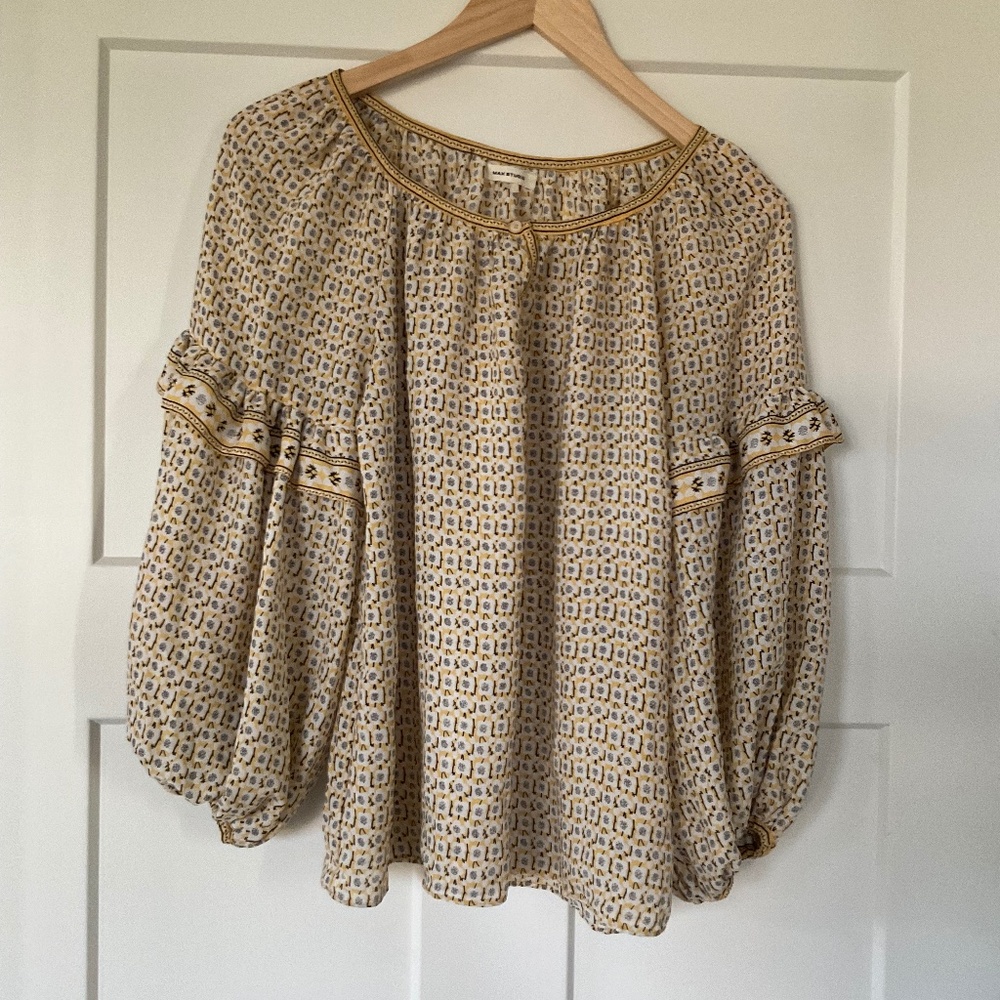 Max Studio Sheer Blouse Ruffle Balloon Bubble Sleeve Floral Boho Yellow